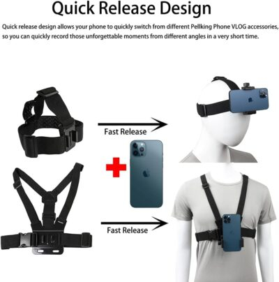 PellKing Mobile Phone Chest Strap Harness Mount Head Strap Holder Kit for POV/VLOG,Cell Phone Clip Compatible with iPhone,Samsung,GoPro Hero 9, 8,7, 6, 5, 4, 3,2, 1,AKASO,DJI Osmo,and Action Cameras… - 이미지 4
