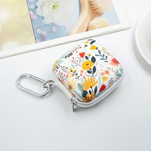 Square Earbud Case Headphone Organizer Ear Bud Case Portable EVA Carrying Box Storage Bag with Carabiner for AirPods Beats Bose Galaxy Buds 3 Data Cable Storage (Blooming Floral) - 이미지 2