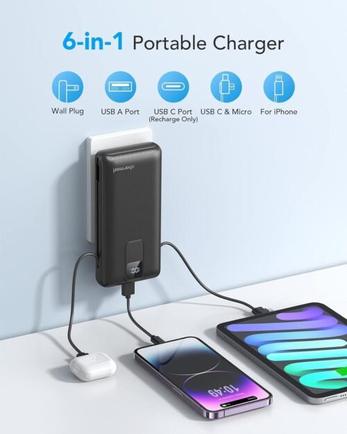 Charmast Portable Charger with Built-in Cables and Wall Plug, 20000mAh 20W USB C Power Bank Fast Charging Battery Pack Compatible with iPhone iPhone 16/15/14/13 Series, Samsung Google iPad etc - 이미지 2