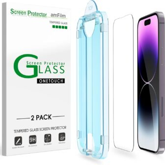 amFilm Easiest Installation OneTouch for iPhone 14 Pro [6.1 Inch] Screen Protector Tempered Glass, Auto-Alignment Tech, Bubble Free and Full Coverage Case Friendly, Anti-Scratch 2 Pack