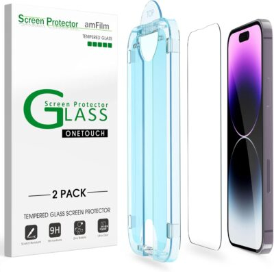 amFilm Easiest Installation OneTouch for iPhone 14 Pro [6.1 Inch] Screen Protector Tempered Glass, Auto-Alignment Tech, Bubble Free and Full Coverage Case Friendly, Anti-Scratch 2 Pack