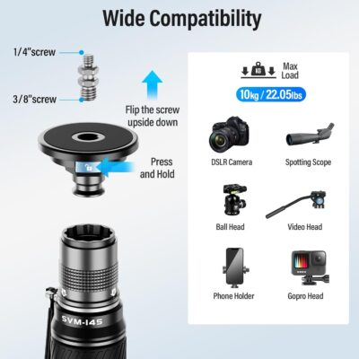 SIRUI SVM-145 Rapid Monopod with Feet, 57” Professional Carbon Fiber Camera Monopod, One-Step Rapid Height Adjustment, Modular 3 in 1, Max Load 22lbs - 이미지 9