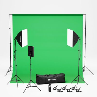 VK40 Professional Photography Lighting Kit with 9.8x9.8ft Green Backdrop with Stand, 24" Softbox Kit, 19" Pannel Light with Remote Control, Studio Equipment for Video Shoot/Photography
