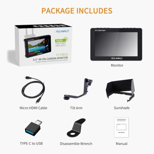 FEELWORLD F5 Prox 5.5 Inch 1600nit High Bright DSLR Camera Field Monitor Touchscreen Waveform 3D LUT F970 External Kit Install for Power Wireless Transmission 1920x1080 4K HDMI in Out Type-c Input - 이미지 9