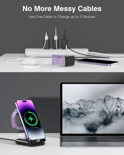 Wireless Charging Station,3 in 1 Charging Stand Made for Apple Watch Ultra 10 9 8 7 6 SE 5 4 3,Fast Wireless Charger Made for iPhone 16/15/14/13/12/11/X,for AirPods Pro(with Adapter) - 이미지 8