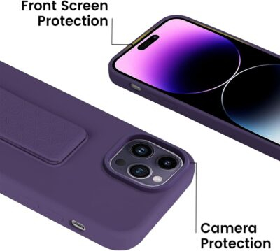 LAUDTEC Silicone Kickstand Case Compatible with iPhone 14 Pro, Vertical and Horizontal Stand Hand Strap Metal Kickstand Cover, Flexible Soft Liquid Silicone Stand Case for iPhone 14 Pro (Deep Purple) - 이미지 4