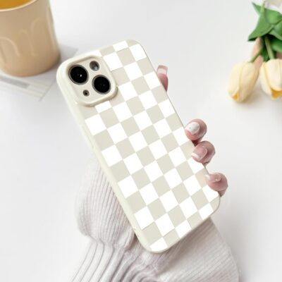 NITITOP Compatible with iPhone 15 Case Cute Aesthetic Checkerboard Checkered Pattern for Women Girl Trendy Slim Fit TPU Silicone Shockproof Full Camera Protection Cover - White - 이미지 6