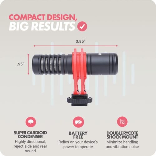 Movo VXR10-PRO External Video Microphone for Camera with Rycote Lyre Shock Mount - Compact Shotgun Mic and Accessories Compatible with Smartphones and DSLR Cameras - Battery-Free DSLR Microphone - 이미지 3