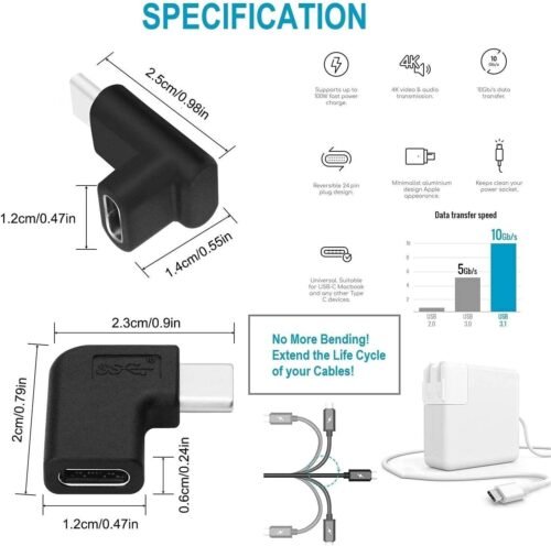 USB C Angle Adapter [2 Pack] 90 Degree USB C Type C Male to Female Adapter, Right Left Up Down Angled USB-C USB 3.1 Type-C Extension Laptop, VR, Smartphones & Tablet (Left/Right & Up/Down) - 이미지 2