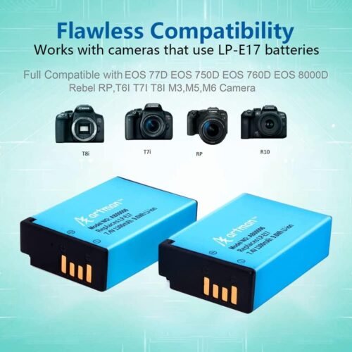 Artman LP-E17 Battery 2-Pack and Rapid Dual USB Charger for Canon EOS R100 R50 RP R10 R8, Rebel T8i, T7i, T6i, T6s, SL2 SL3, M3, M5, M6, 77D 200D 250D 750D 760D 800D 8000D Digital SLR Camera - 이미지 2