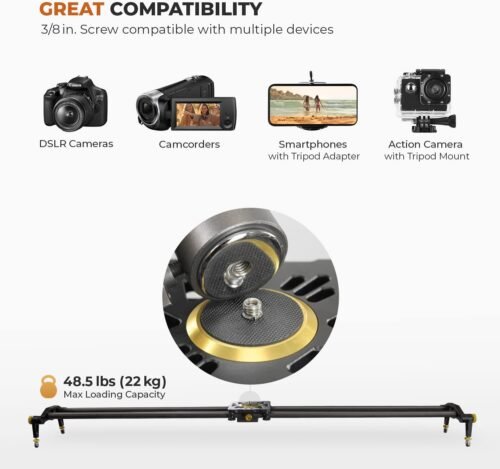 (Upgraded) 47 in Carbon Fiber Camera Slider / 120cm Dolly Track Rail, Smooth Bearing Stabilizer, Height Adjustable, Spirit Level, AGG1982 - 이미지 6