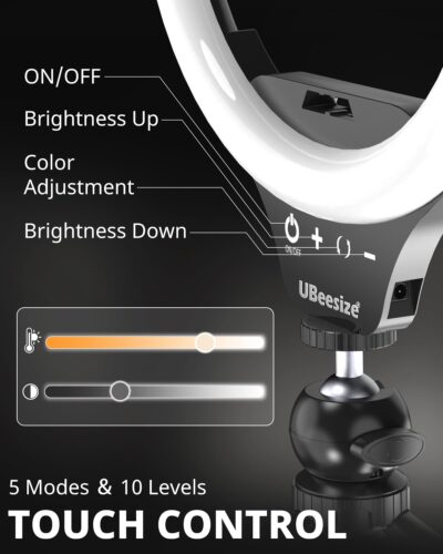 UBeesize 10" Selfie Ring Light with Tripod Stand & Cell Phone Holder, Dimmable Desktop LED Circle Light for Live Streaming/Makeup/YouTube/TIK Tok, Compatible with iOS and Android Phones Black - 이미지 3