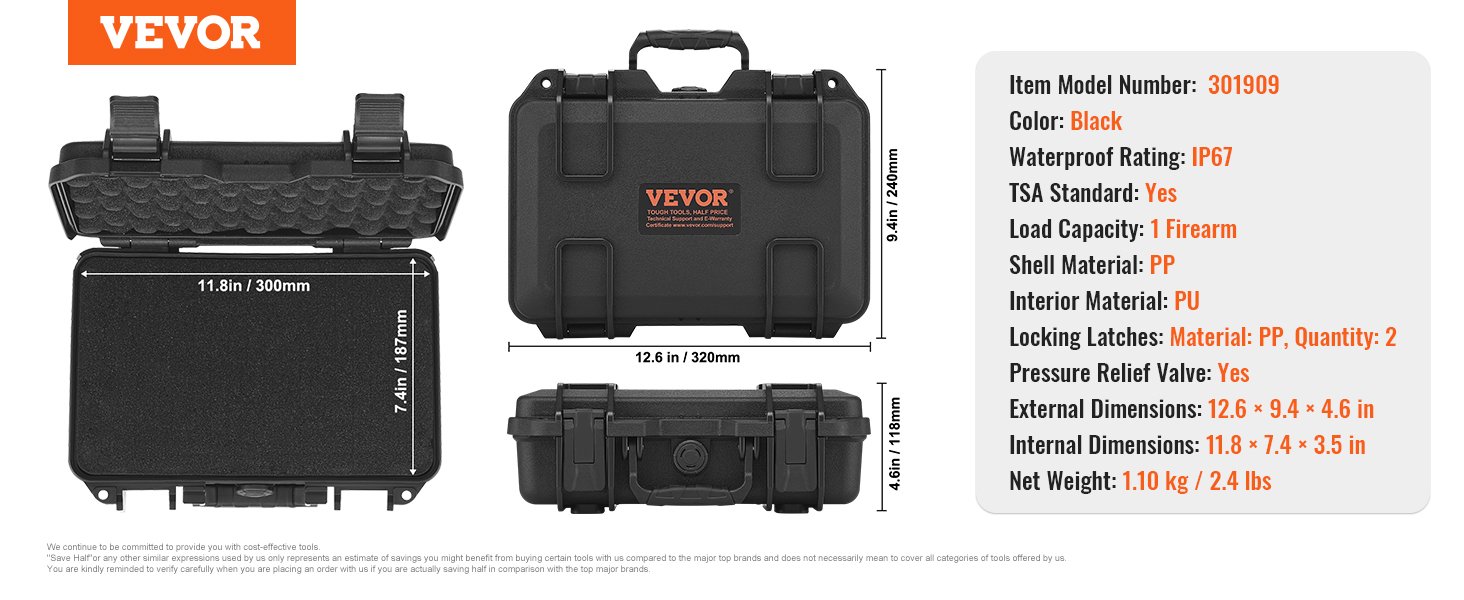 VEVOR Hard Pistol Cases with Pre-cut PU Foam, Waterproof & Dustproof Hard Gun Case for 1 Pistol, 12.59×9.01×4.4 in Lockable Pistol Case, Black 15 VEVOR Hard Pistol Cases with Pre-cut PU Foam, Waterproof & Dustproof Hard Gun Case for 1 Pistol, 12.59×9.01×4.4 in Lockable Pistol Case, Black-