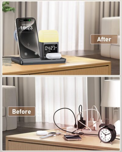 6 in 1 Wireless Charging Station for Apple Charging Station for Multiple Devices with Alarm Clock and Night Light nightstand for iPhone 16 15 14 13 for Apple Watch - 이미지 6