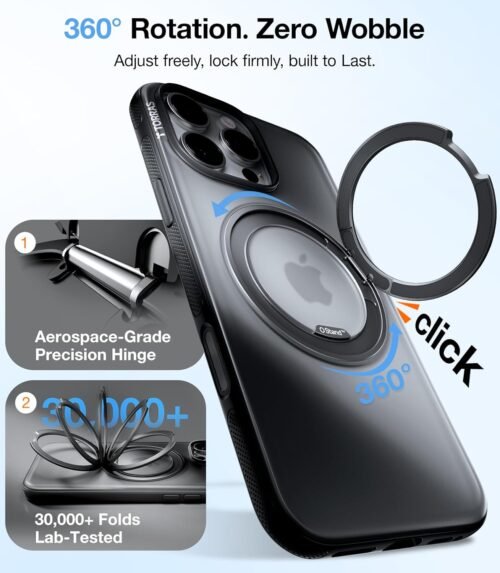 TORRAS 360° Magnetic Stand for iPhone 16 Pro Case, [Fit for MagSafe][Camera Control Button] Mil-Grade Protection Translucent Slim Anti-Scratch Rotatable Ring Kickstand, Obsidian Black, OFitness Series - 이미지 3