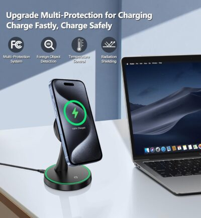 Magnetic Wireless Charger Stand 15W Fast Mag-Safe Charger for iPhone 16/16 Pro/16 Plus/16 Pro Max/15/14/13/12 Series Magnet Wireless Charging Station/Pad with Sleep-Friendly Light for AirPods - 이미지 4