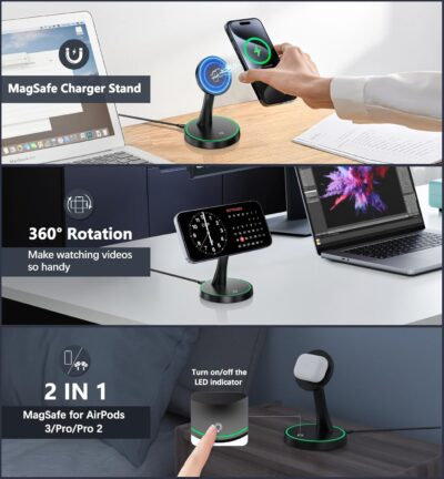 Magnetic Wireless Charger Stand 15W Fast Mag-Safe Charger for iPhone 16/16 Pro/16 Plus/16 Pro Max/15/14/13/12 Series Magnet Wireless Charging Station/Pad with Sleep-Friendly Light for AirPods - 이미지 2