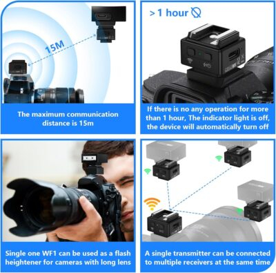 WF1 2.4G Wireless Flash Trigger for Canon Nikon Sony Pentax DSLR Cameras Wireless Flash Trigger Transmitter and Receiver for Camera Flashes with Hot Shoe Mount(Black). - 이미지 6