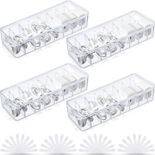 Tatuo 4 Pcs Cable Organizer with 40 Wire Ties, Clear Plastic Cord Charger Storage Box with Clear Lid for Home Office Desk Organization and Accessories