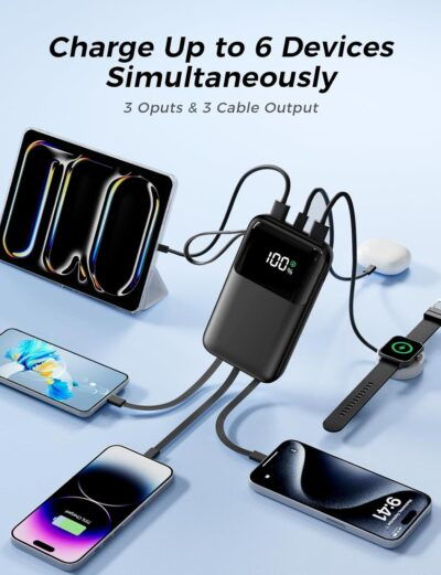 Portable Charger with Built in Cable, 15000mAh Power Bank, 22.5W Fast Charging, 6 Outputs, Slim Travel Essential Battery Pack with LED Display, Compatible with iPhone 16/15/14/13, Samsung, iPad, etc - 이미지 3