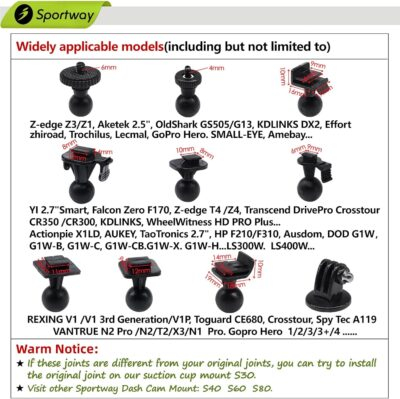 Sportway S30 Dash Cam Suction Mount (2nd Gen) with 10pcs Joints for REXING,Z-Edge,Old Shark,YI,KDLINKS,Falcon Zero,Transcend,Crosstour,VANTRUE,GoPro Hero and Most Other Dash Cameras DVR GPS - 이미지 3