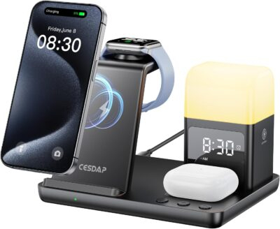 6 in 1 Wireless Charging Station for Apple Charging Station for Multiple Devices with Alarm Clock and Night Light nightstand for iPhone 16 15 14 13 for Apple Watch