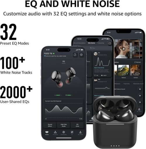 TOZO T6 True Wireless Earbuds Bluetooth 5.3 Headphones 50H Long Playtime, Wireless Charging Case, IPX8 Waterproof Stereo Earphones, Built-in Mic Calls, Headset Premium Deep Bass 32 Preset EQs via APP - 이미지 5