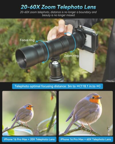 Evil Eye 20-60X Zoom Telephoto Lens, High Power HD Telephoto Phone Lens with Tripod and Universal Phone Clip for iPhone 16/15/14/13 Series, Samsung, Android Phone and Most Smartphone - 이미지 3