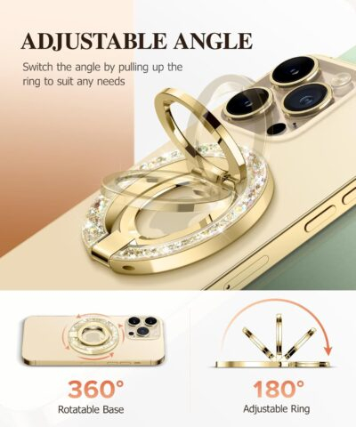 GVIEWIN Magnetic Phone Ring Holder, Compatible with MagSafe Phone Grip with Adjustable Stand, Magnet Phone Ring Kickstand for iPhone 16 Pro Max/Plus/15/14/13/12 Series/Other Phones (Glitter/Gold) - 이미지 3