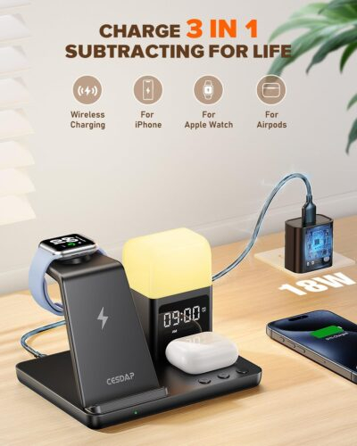 6 in 1 Wireless Charging Station for Apple Charging Station for Multiple Devices with Alarm Clock and Night Light nightstand for iPhone 16 15 14 13 for Apple Watch - 이미지 2