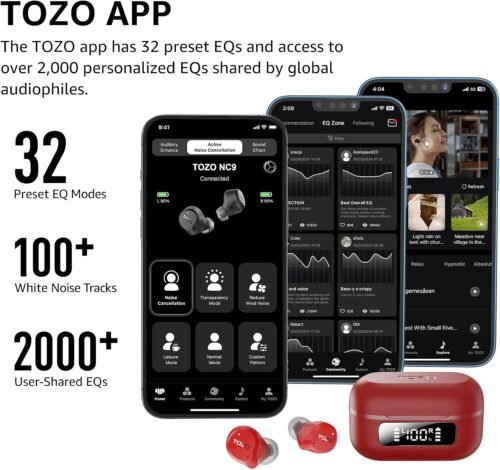 TOZO Hybrid Active Noise Cancelling Wireless Earbuds, 6 Mics ENC Clear Call, IPX8 Waterproof, in Ear Bluetooth 5.3 Headphones Stereo Bass Ear Buds 59H Playtime with LED Display 32 EQs via APP - 이미지 6