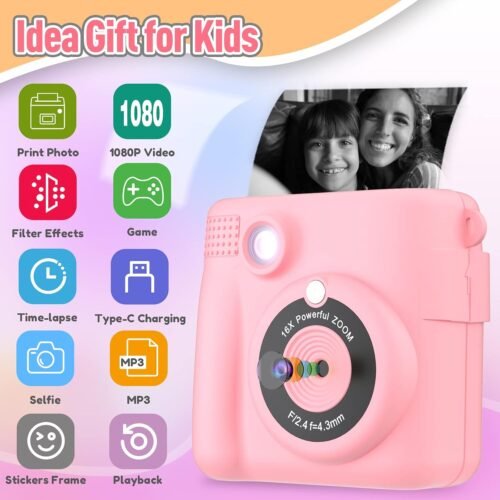 Instant Print Camera for Kids, Christmas Birthday Gifts Girls Boys Age 3-12, HD Digital Video Cameras Toddler, Portable Toy 3 4 5 6 7 8 9 10 Year Old Girl with 32GB SD Card-Pink - 이미지 2