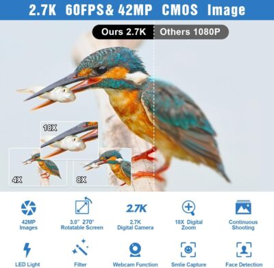 Video Camera Camcorder,Full HD 2.7K 42MP Digital Cameras Recorder for YouTube 3.0 Inch 270 Degree Rotation LCD 18X Digital Zoom Vlogging Camera with 32G SD Card and 2 Batteries - 이미지 2