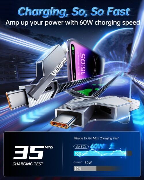 [Upgraded] 4-in-1 USB C Cable 60W 5FT Lightning Cable Fast Charging Flat Nylon Braided for iPhone iPad Charger Cord [480Mbps Data Sync] Multi Charge Wire Combo with Lightning/Type C/USB A Port - 이미지 4
