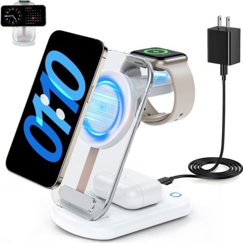2025 Magnetic Wireless Mag-Safe Charger Stand,3 in 1 Charger with Light for iPhone 16 15 14 13 12 Pro Max Plus,Charging Pad for Apple Watch Series & Air pods 4 3 2 Pro(White)