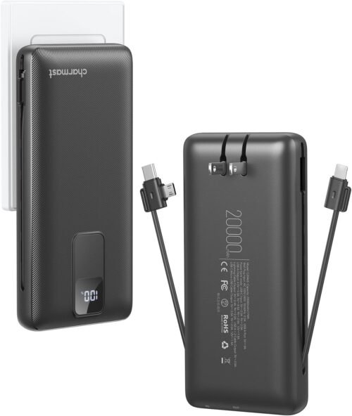 Charmast Portable Charger with Built-in Cables and Wall Plug, 20000mAh 20W USB C Power Bank Fast Charging Battery Pack Compatible with iPhone iPhone 16/15/14/13 Series, Samsung Google iPad etc