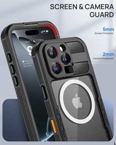 Lanhiem Magnetic for iPhone 16 Pro Max Case, IP68 Waterproof Dustproof Case, [Compatible with Magsafe] [Built-in Screen Protector] Full Body Heavy Duty Rugged Phone Cover 6.9 inch, Black/Clear - 이미지 7