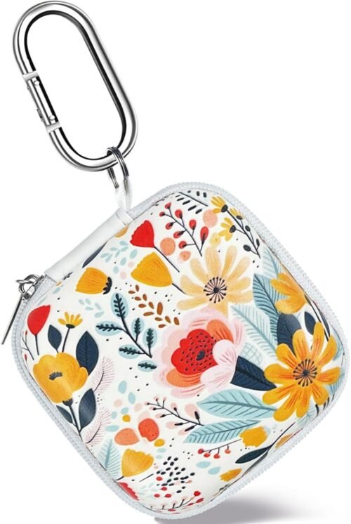Square Earbud Case Headphone Organizer Ear Bud Case Portable EVA Carrying Box Storage Bag with Carabiner for AirPods Beats Bose Galaxy Buds 3 Data Cable Storage (Blooming Floral)