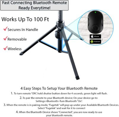 Fugetek 51" Professional Selfie Stick Tripod, 100% All Aluminum Stick & Legs, Lightweight, Detachable Bluetooth Remote, Portable All in One, Compatible with iPhone & Android, Non Skid Feet, Black - 이미지 4