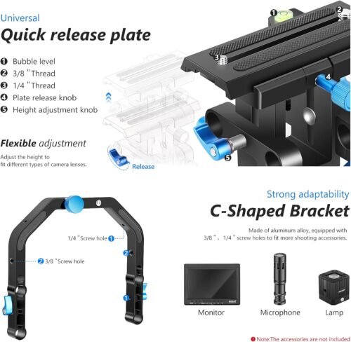 Neewer Shoulder Rig Kit for DSLR Cameras and Camcorders, Movie Video Film Making System with Matte Box, Follow Focus, C-Shaped Bracket, 15mm Rods, Handgrip, 1/4” & 3/8” Threads (Blue + Black) - 이미지 4