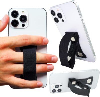 LOVEHANDLE PRO Premium Phone Grip - Elastic Phone Strap - Magnetic Phone Mount and Kickstand for Smartphone and Tablet - Black