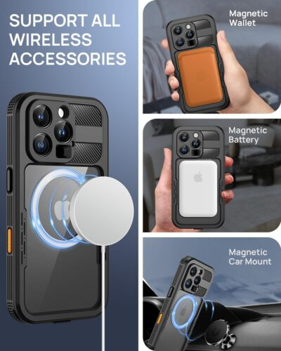 Lanhiem Magnetic for iPhone 16 Pro Max Case, IP68 Waterproof Dustproof Case, [Compatible with Magsafe] [Built-in Screen Protector] Full Body Heavy Duty Rugged Phone Cover 6.9 inch, Black/Clear - 이미지 3