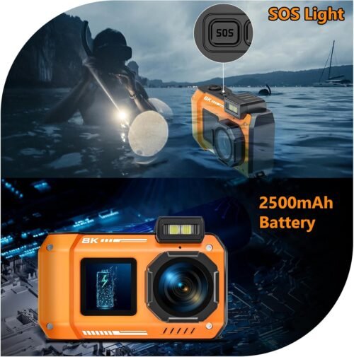 UHD 8K Underwater Camera, 70MP 33FT WiFi Waterproof Digital Camera with 64GB Card, Auto Focus Waterproof Dual-Screen Selfie 2500mAh Battery, 18X Floatable Digital for Snorkeling, Orange - 이미지 8