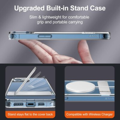 JETech Kickstand Case for iPhone 13, 6.1-Inch, Support Wireless Charging, Slim Shockproof Bumper Phone Cover, 3-Way Metal Stand (Clear) - 이미지 3