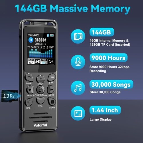 144GB Digital Voice Recorder with Playback, Volorful 1536Kbps Audio Recorder for Interviews Meetings, Voice Activated Recorder Recording Device with Noise Reduction, MP3 Stereo Player, Microphone - 이미지 2
