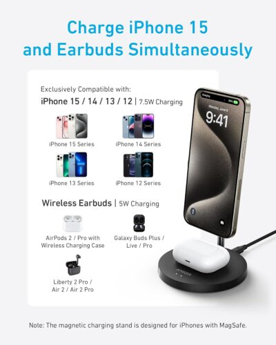 Anker iPhone 16 Wireless Charging Stand, PowerWave 2-in-1 Magnetic Stand Lite with USB-C Cable, For iPhone 16/15/14/13 Series, AirPods (No AC Adapter) - 이미지 3