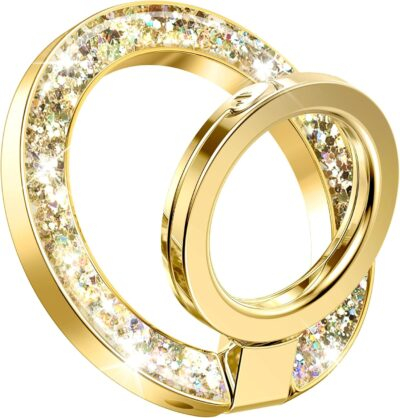 GVIEWIN Magnetic Phone Ring Holder, Compatible with MagSafe Phone Grip with Adjustable Stand, Magnet Phone Ring Kickstand for iPhone 16 Pro Max/Plus/15/14/13/12 Series/Other Phones (Glitter/Gold)