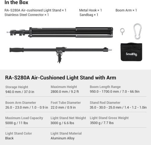 SmallRig Aluminum Light Stand 110"/9.2ft/280cm, Adjustable Photography Air-Cushioned Tripod Stand with 1/4" Screw for Softbox, Studio Light, Flash, Umbrella, Ring Light, Max Load 5kg, RA-S280A - 이미지 8