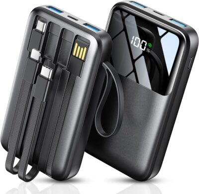 Portable Charger with Built in Cable, 15000mAh Power Bank, 22.5W Fast Charging, 6 Outputs, Slim Travel Essential Battery Pack with LED Display, Compatible with iPhone 16/15/14/13, Samsung, iPad, etc