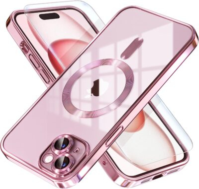Misea Magnetic for iPhone 15 Plus Case Compatible with MagSafe [Never Yellowing] [Military Grade Drop Protection] Full Camera Lens Protector Plating Soft Clear Phone Case for Women Girls, Pink